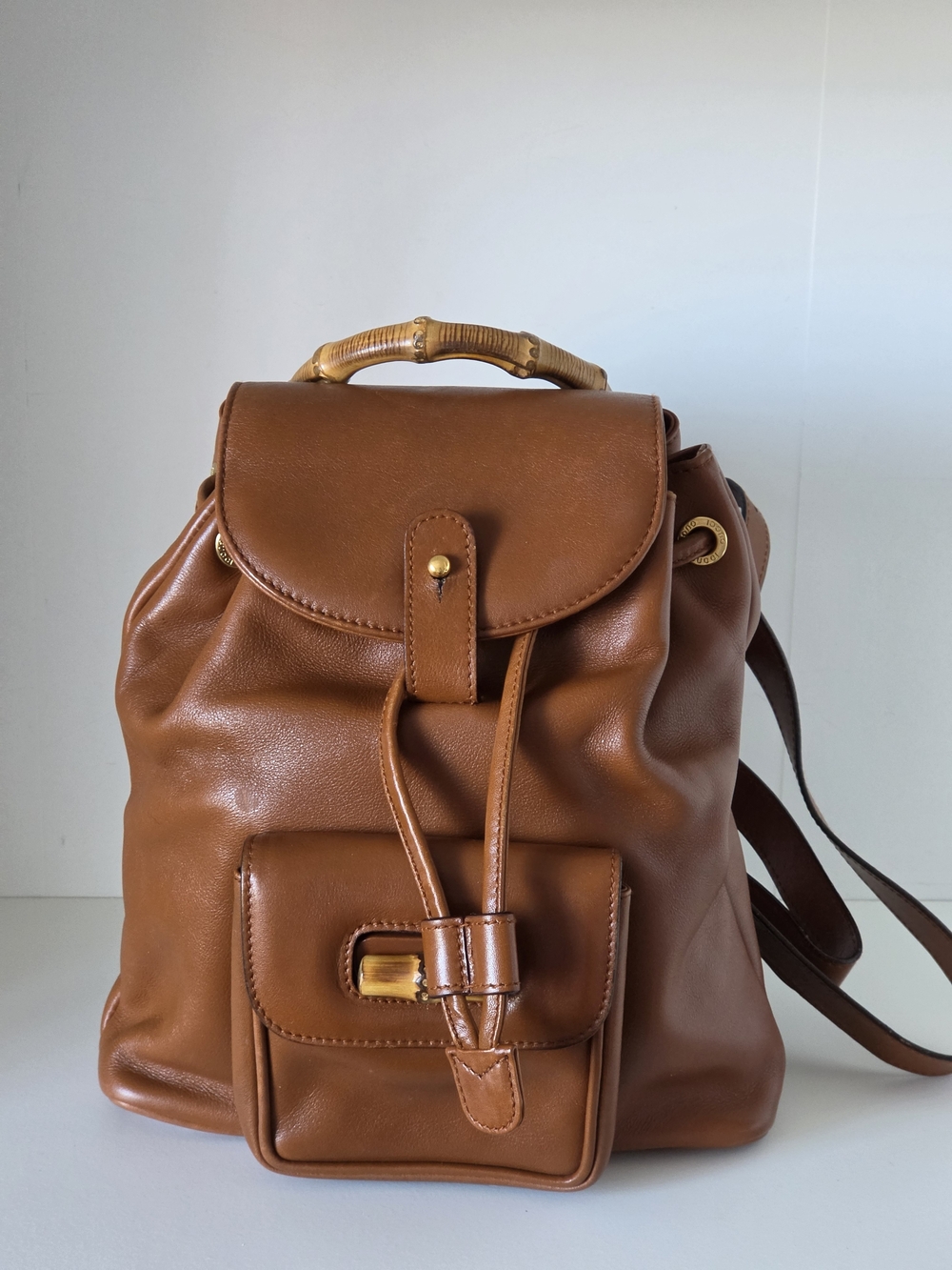 Vintage 90's Gucci Mini Caramel Leather Bamboo Backpack